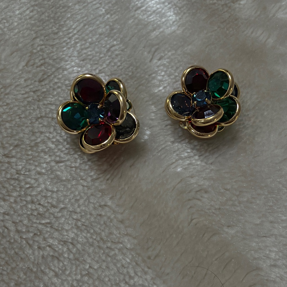 Vintage Gold Flower Earrings with Multicolor Gems